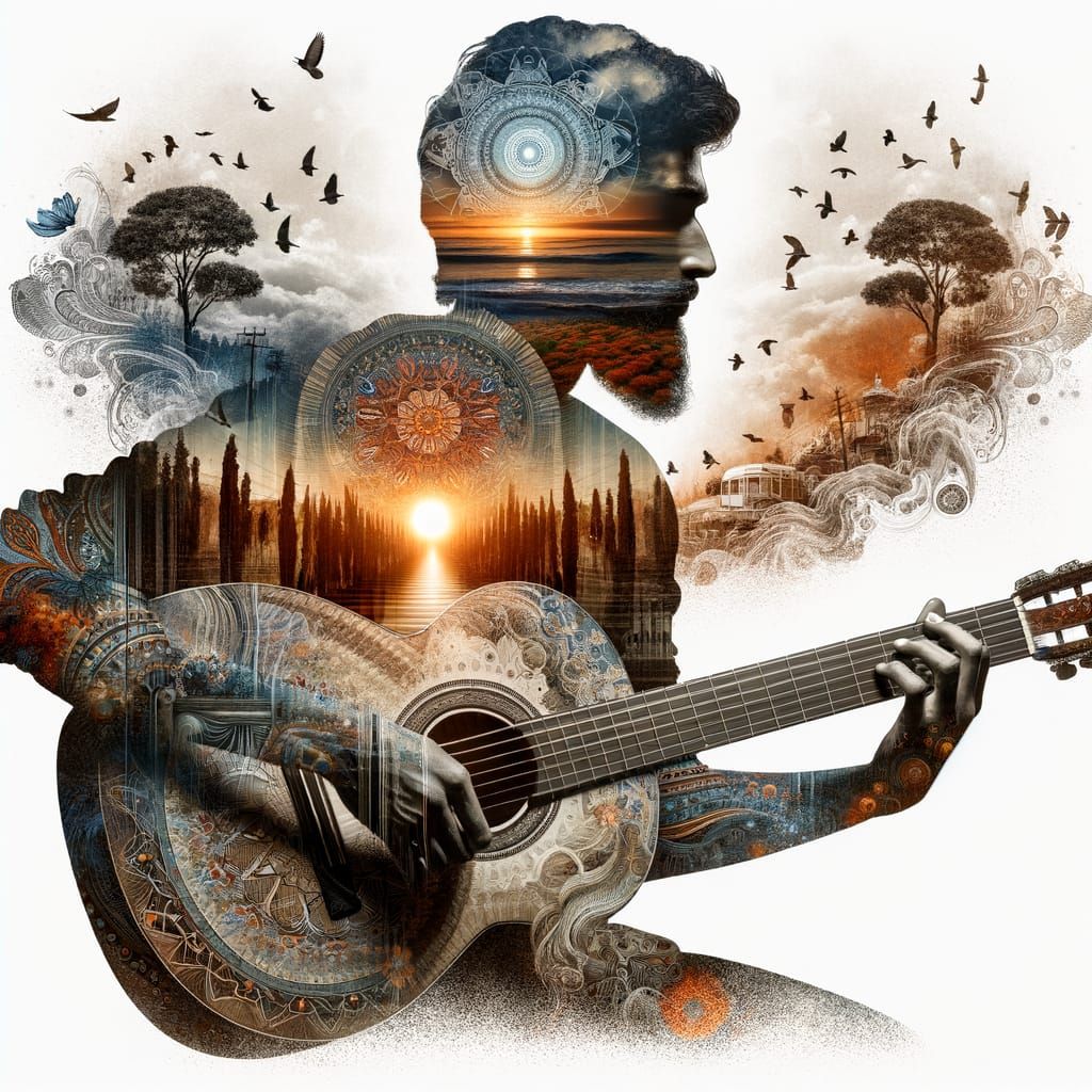 Surreal Double Exposure Guitarist in Sunset Landscape