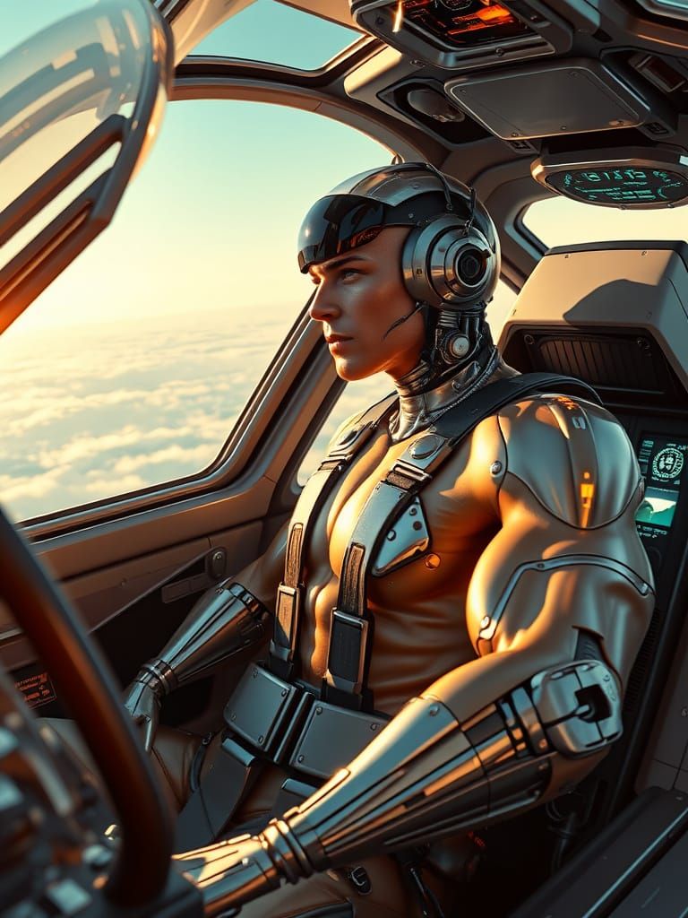 Cyborg Pilot in Futuristic Jet Cockpit