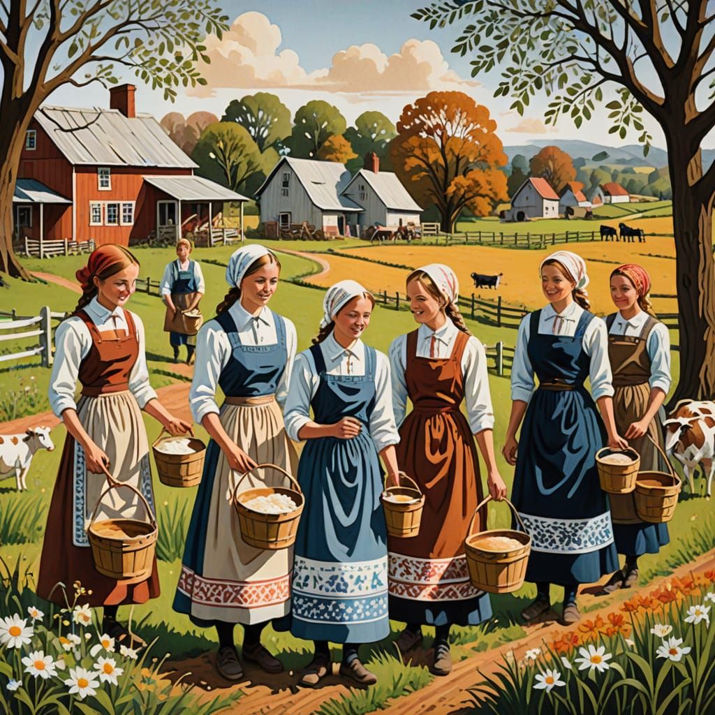 Eight Maids with Milk Pails in Folk Art Style