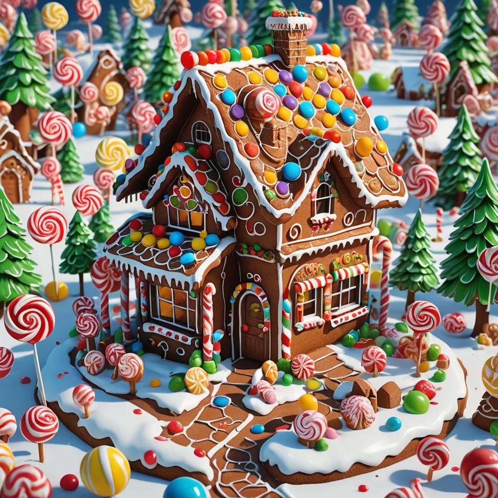 Hyperrealistic Candyland Gingerbread House Digital Illustrat...