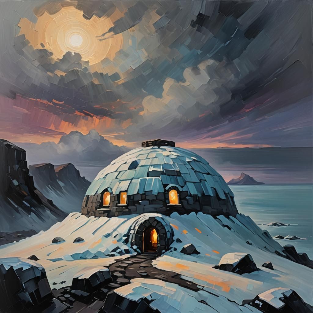 Eerie Igloo on Icelandic Cliff as Impasto Painting