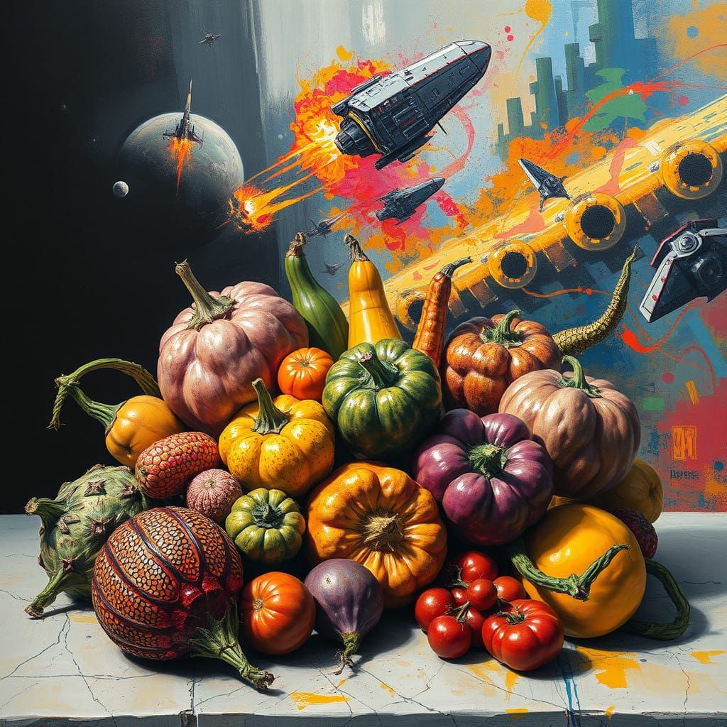 Cosmic Still Life: Surreal Fruits and Space Battle Abstracti...