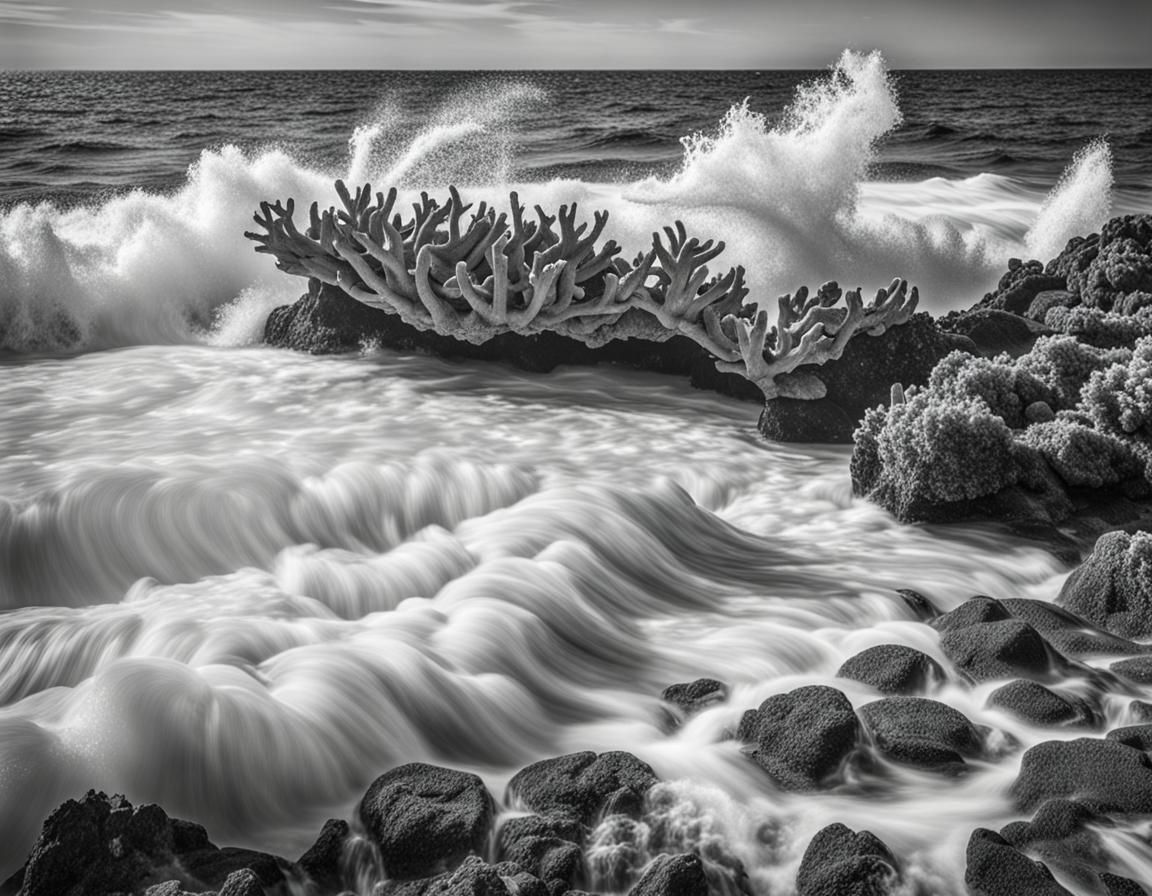 Duotone Ocean Waves Crashing on Coral Reef