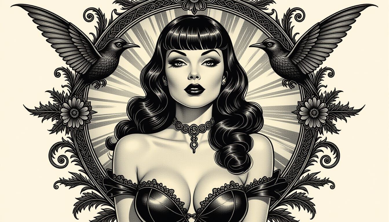 Gothic Pin-Up Art: Hyperdetailed Charcoal Drawing