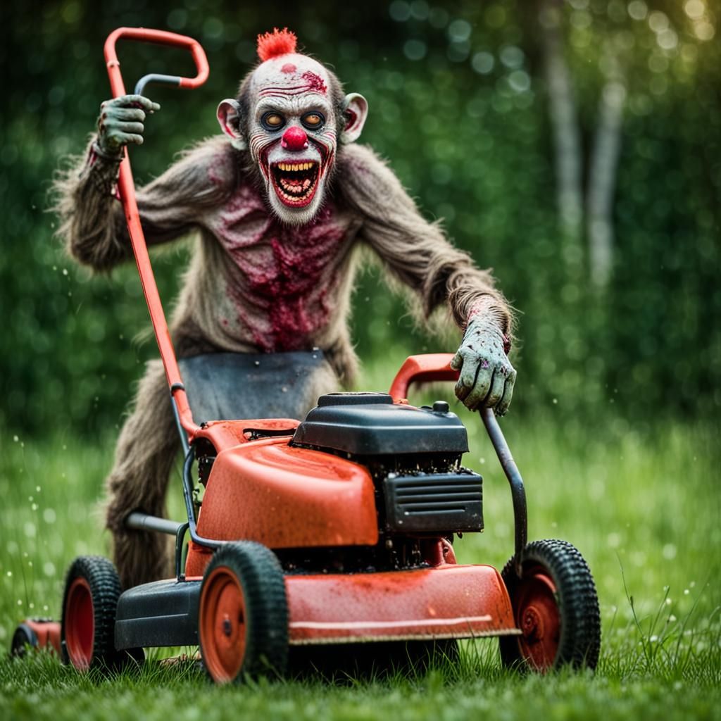 Zombie Monkey Clown Pushing Lawnmower: Sharp Focus Photograp...