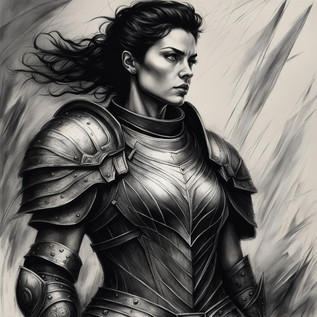 Armored Woman with Black Hair: Charcoal Drawing