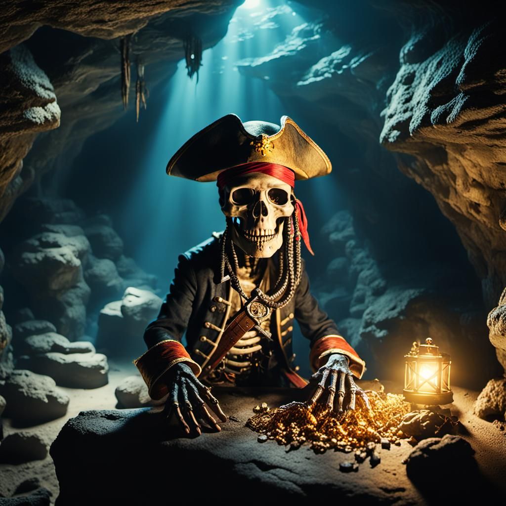 Pirate Skeleton in Treasure Cave: Cinematic View
