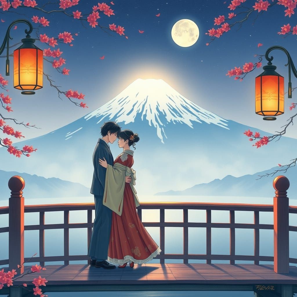 Moonlit Love Under Mount Fuji