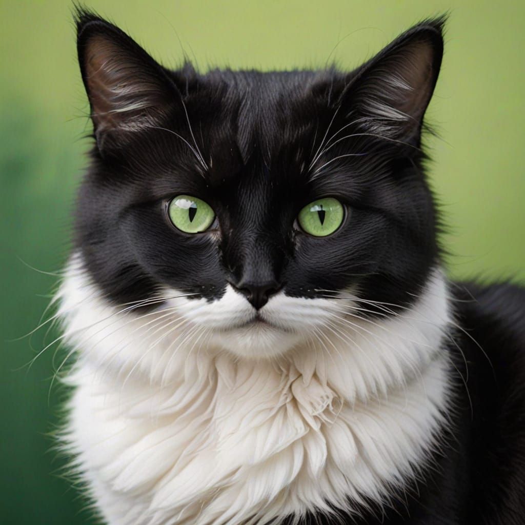 Whimsical Feline Portrait in Black and White with Vibrant Gr...