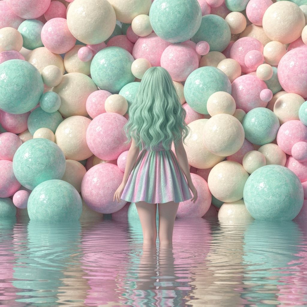 Pastel Dreamscape: Woman in a Sphere-Filled Pool