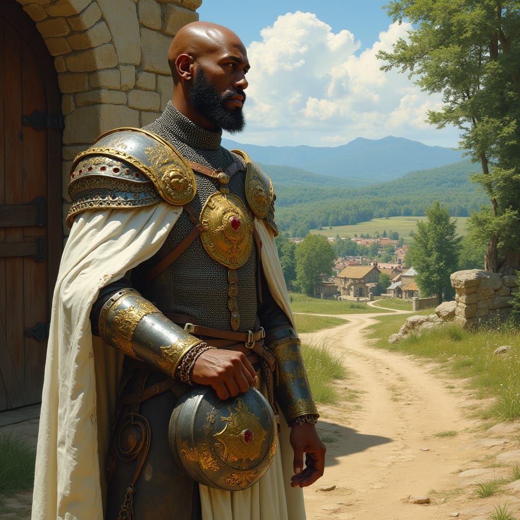 Regal Warrior Outside Rustic Church in Realistic Fantasy Sty...