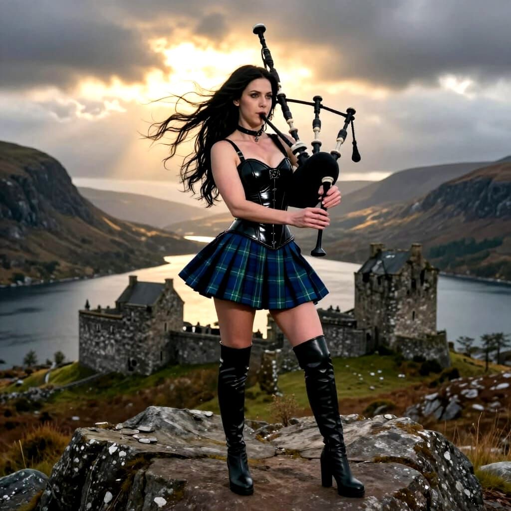 Highland Bagpiper in Gothic Scottish Landscape