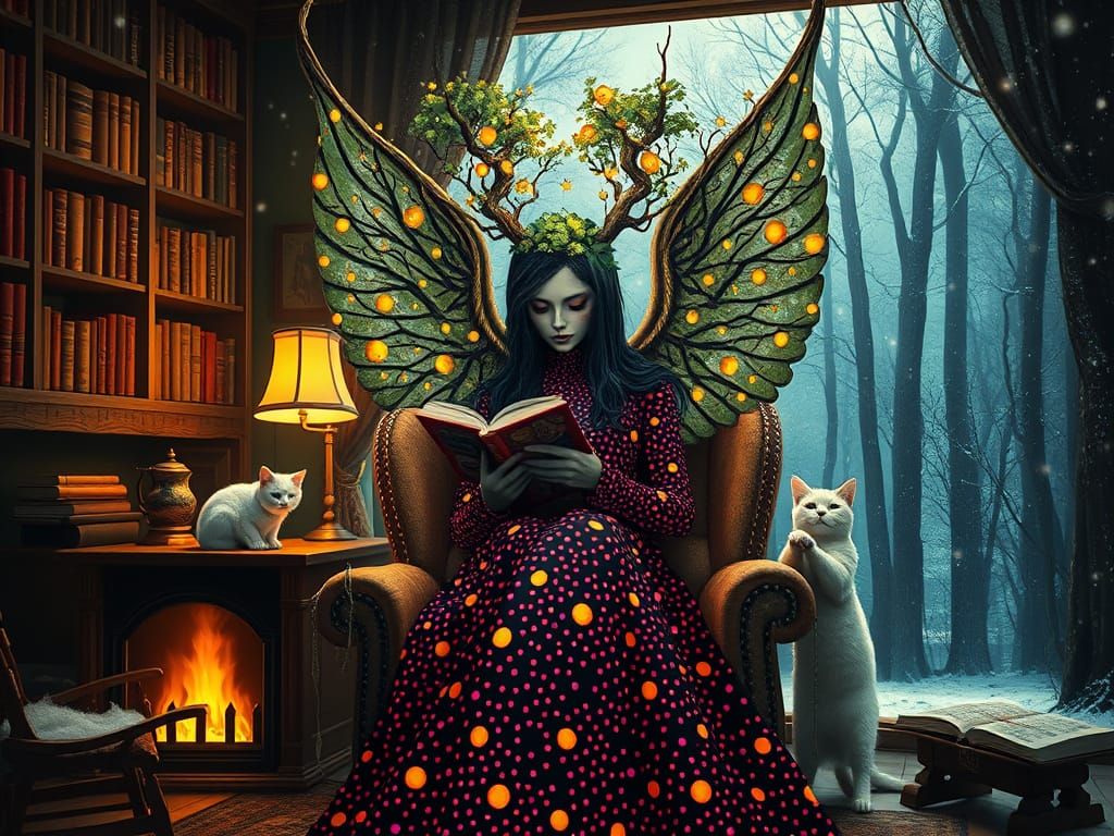 Surreal Angel of Death in Vibrant Dots Landscape