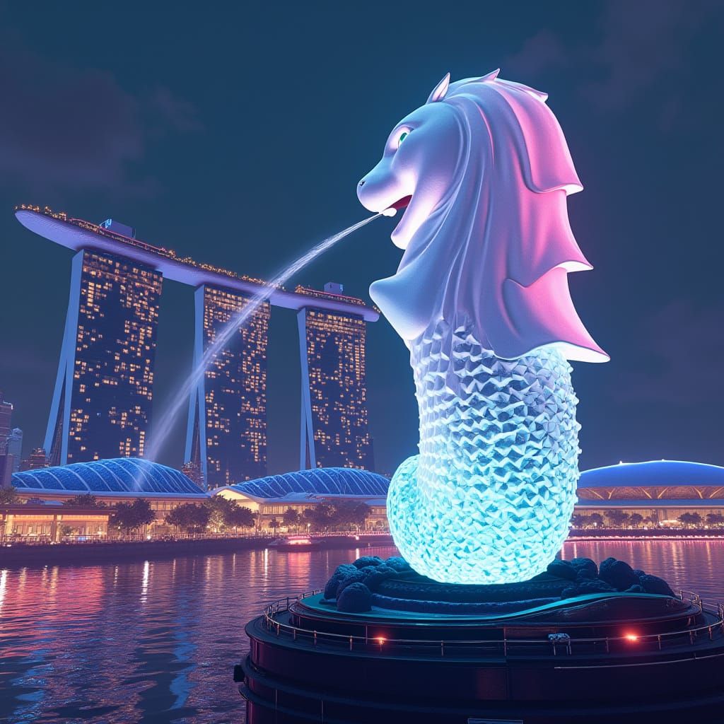 Surreal Cyberpunk Merlion Statue in Futuristic Singapore