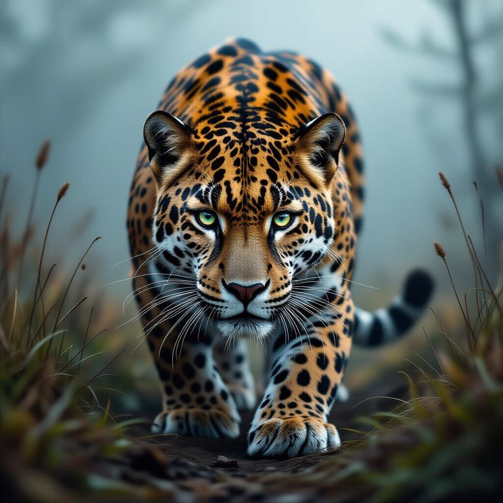 Hyperrealistic Jaguar Creeping Forward in Atmospheric Mist