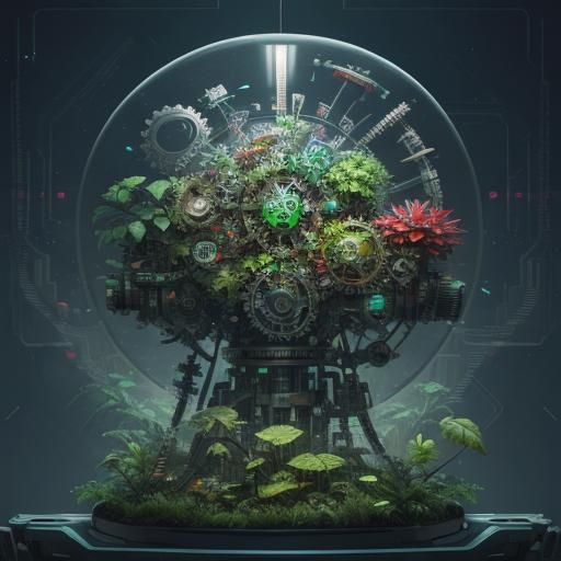 Biopunk Mechanical Heart with Gears and Plants