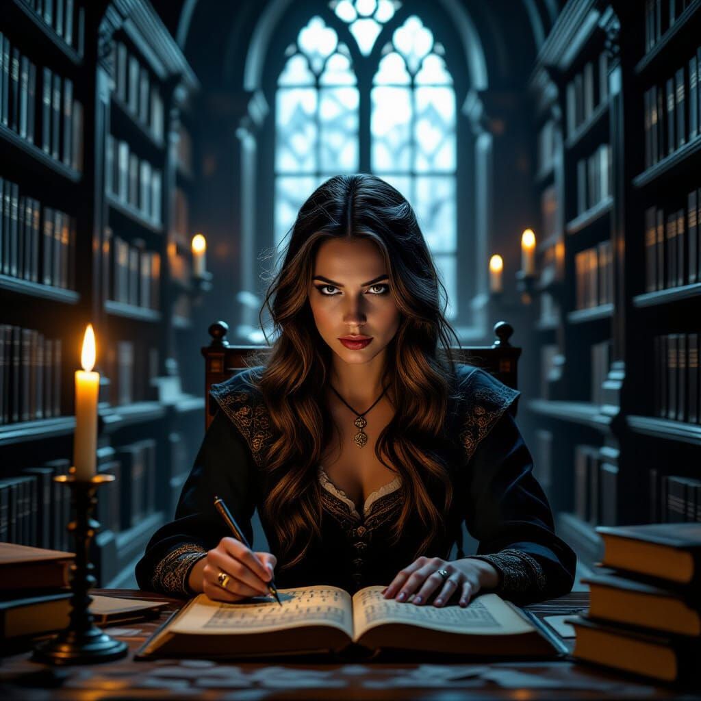 Witch Studying Ancient Runes in Dimly Lit Library