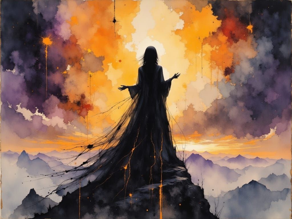 Sorceress Summons Storm in Expressive Watercolor