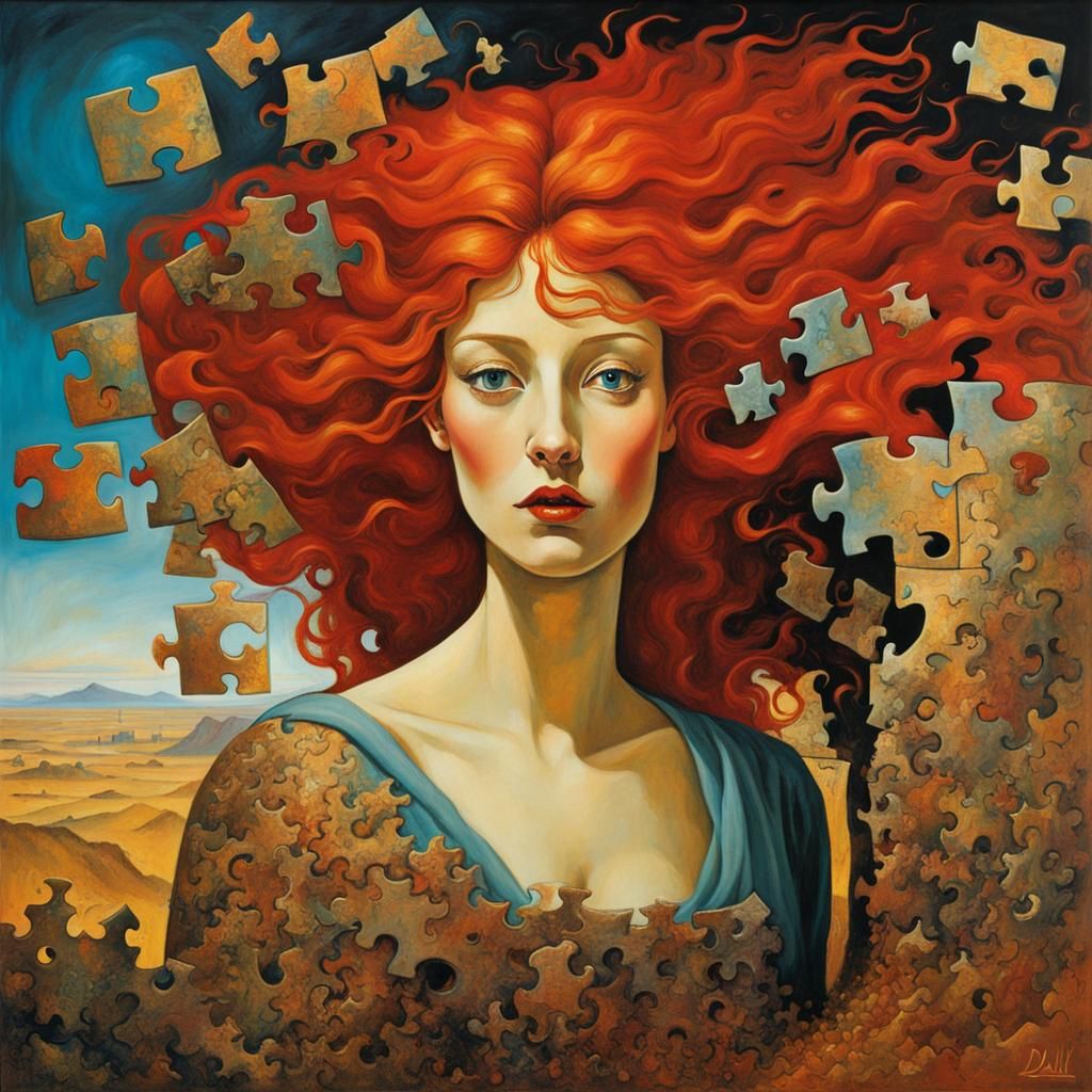 Surreal Woman's Face Dissolving into Jigsaw Pieces