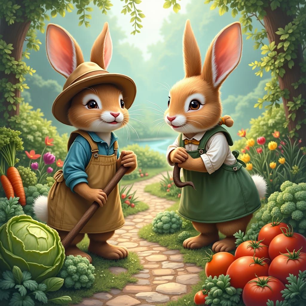 Rabbits Harvesting Vegetables in Fairytale Garden