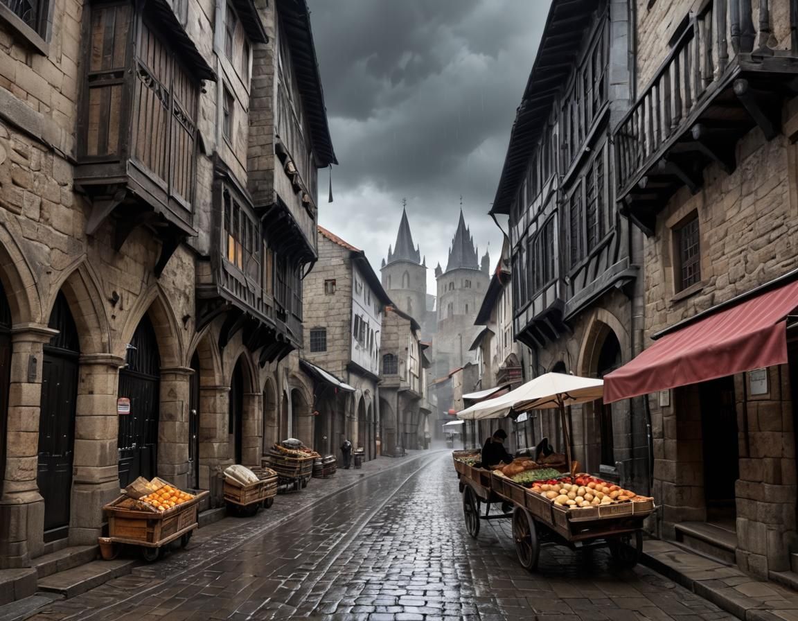Rainy Medieval Gothic City Street Scene