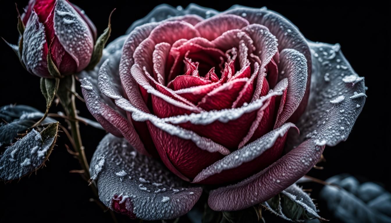 Hyperrealistic Frozen Rose Against Black Backdrop