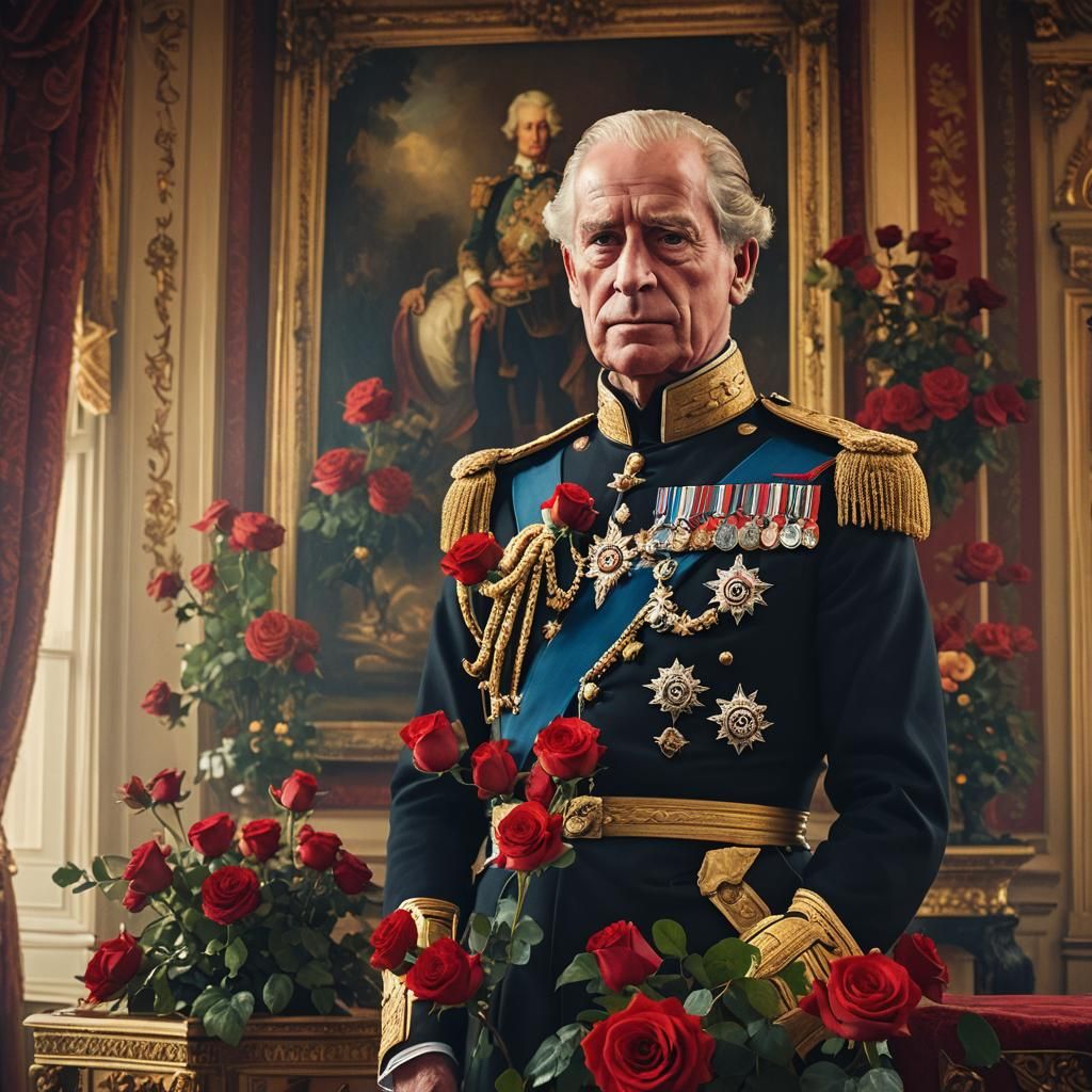 King Charles III Admiring Roses: Hyperrealistic Digital Art