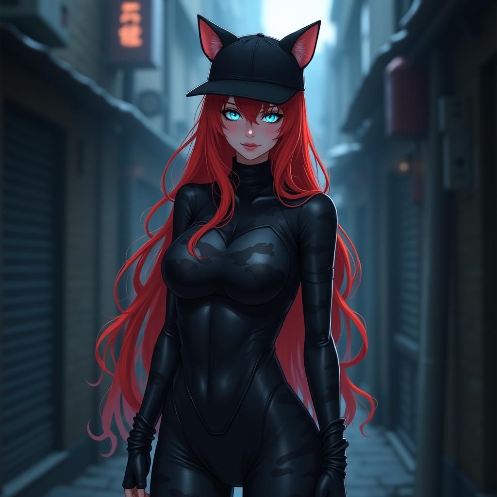 Red-Haired Neko in Camouflage Catsuit, Anime-Inspired