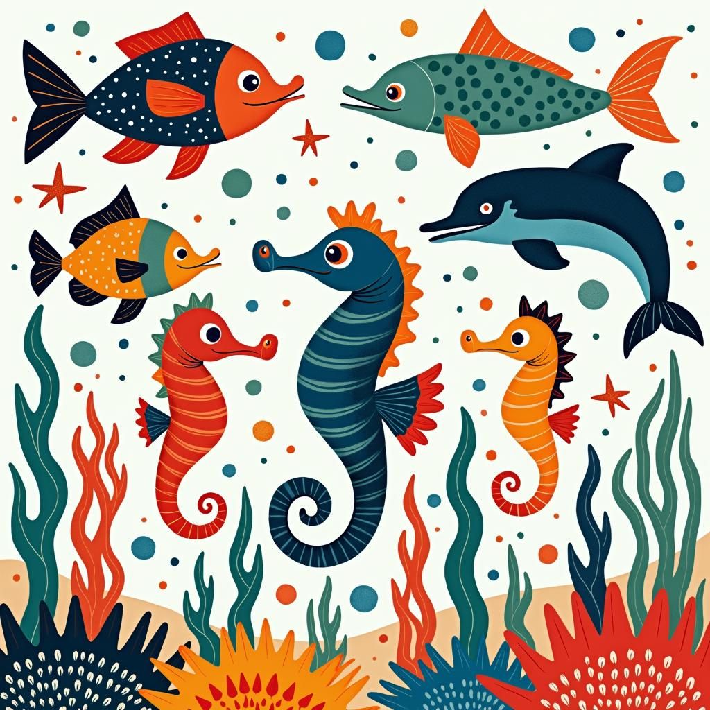 Vibrant Sea Creatures in Whimsical Underwater Scene