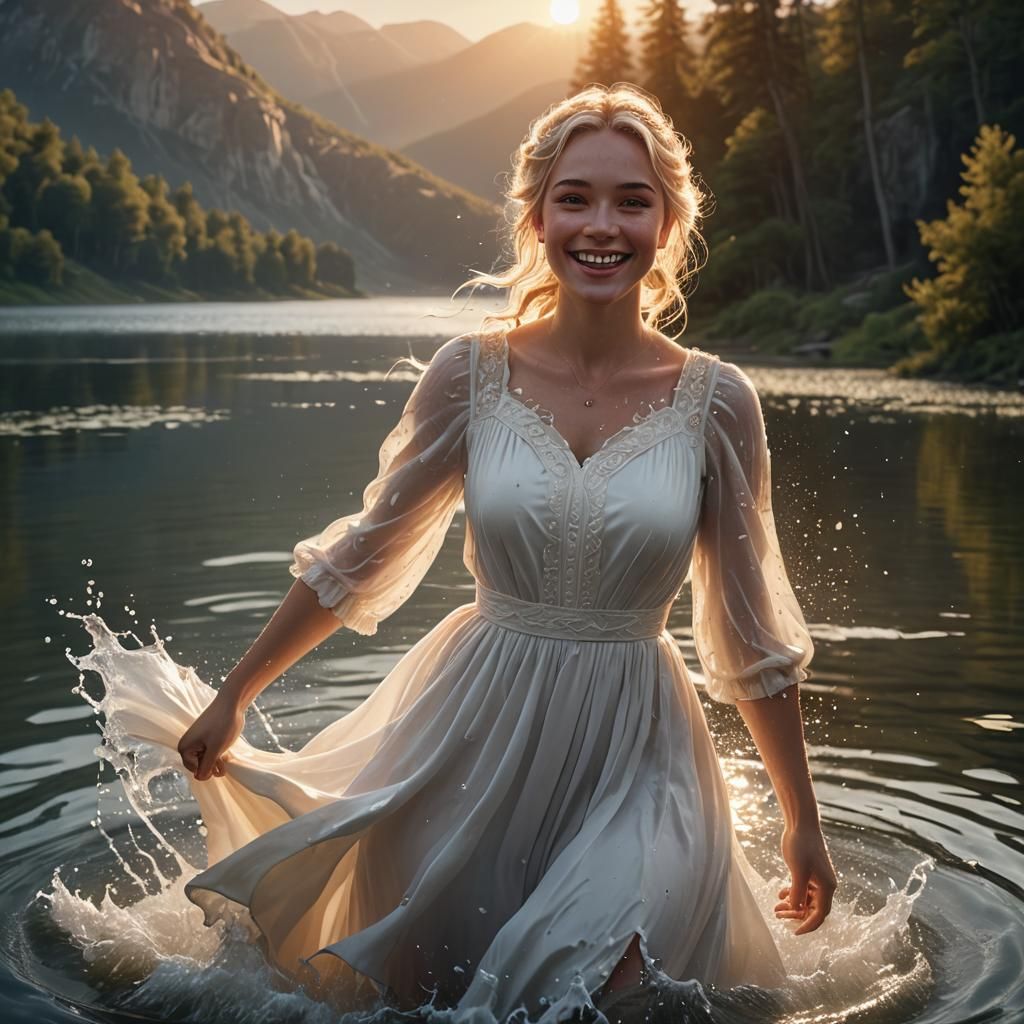 Girl Splashing in Lake at Sunset: Fantasy Art