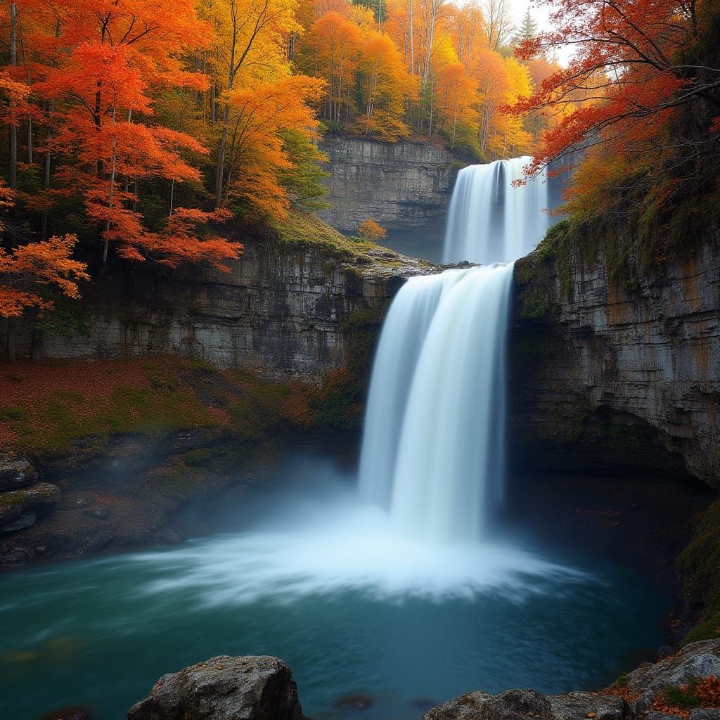 Serene Autumn Waterfall in Golden Hour Light
