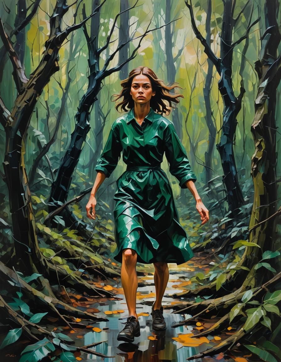 Eerie Forest: Girl in an Impasto Oil Painting