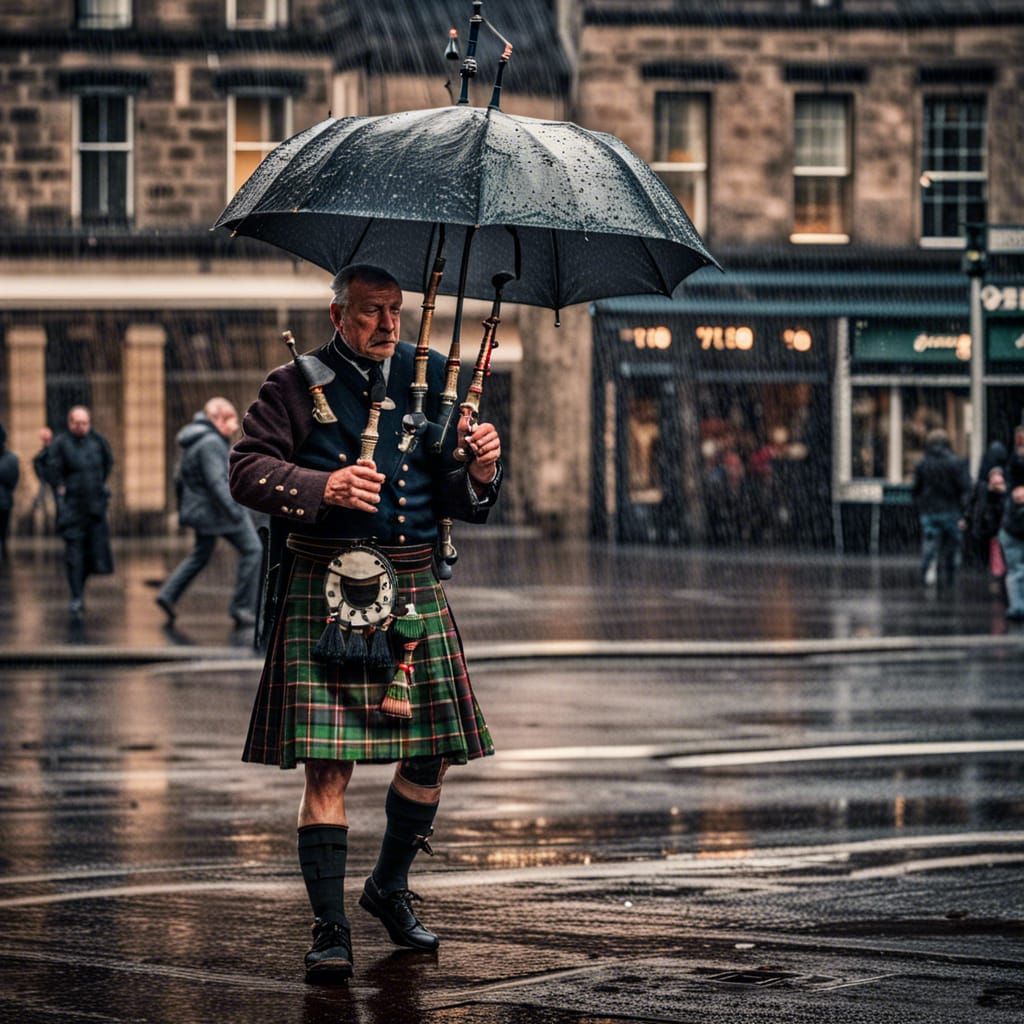 Edinburgh Bagpiper in Rainy Weather: Hyperrealistic Image