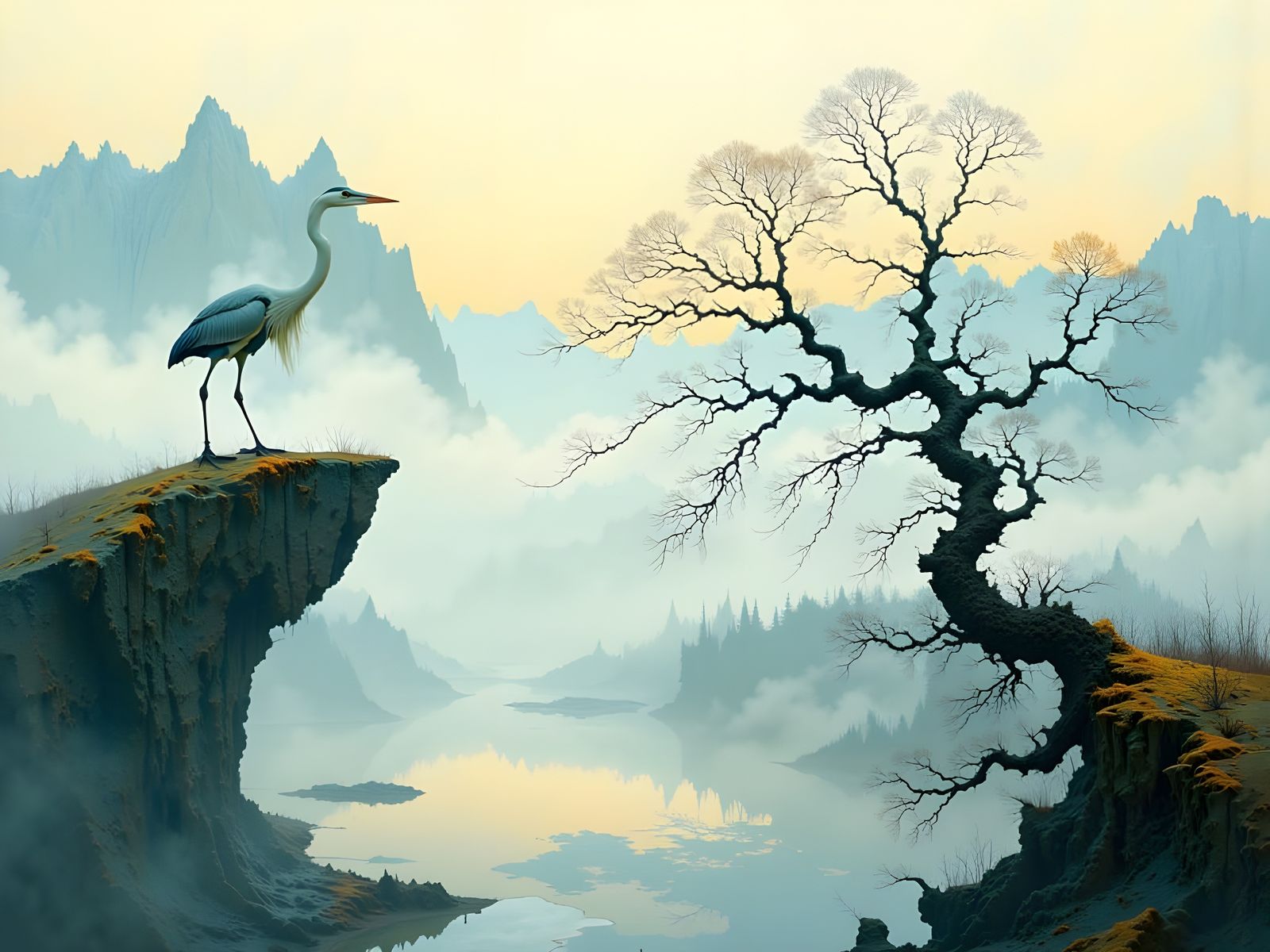 Majestic Heron in Misty Ink Painting