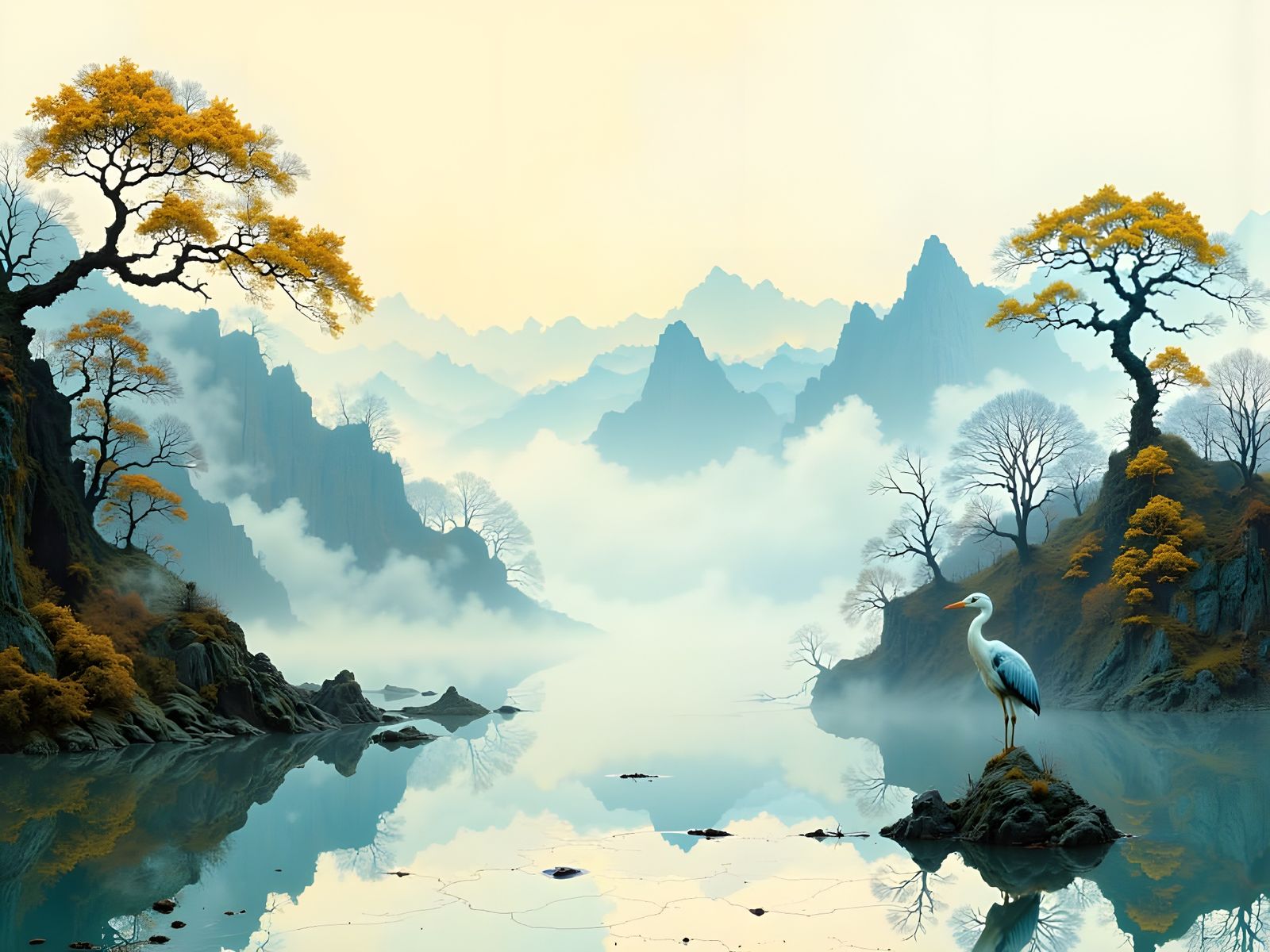 Heron in Misty Landscape as Ink Painting