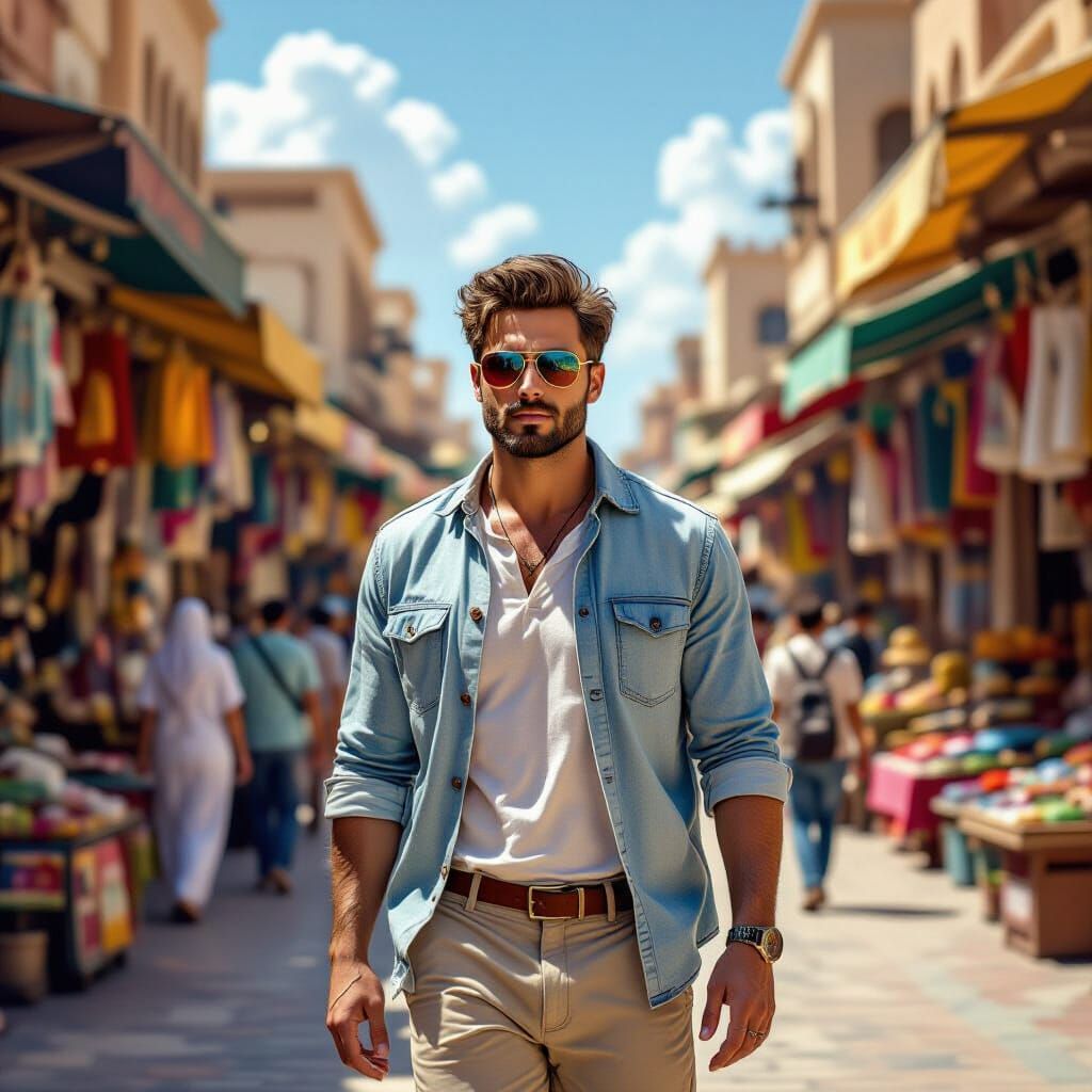 Handsome Tourist in Arabian Market: Hyper-Realistic Scene