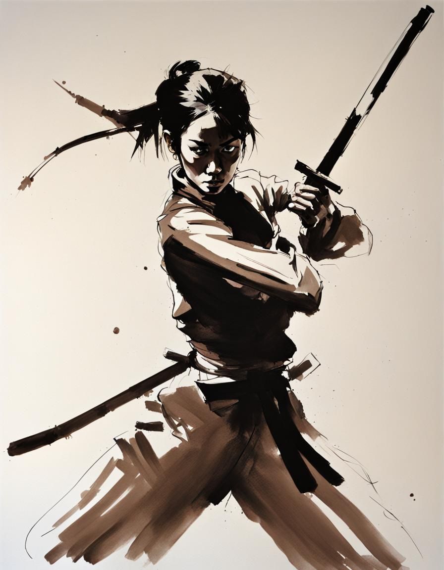 Female Martial Artist with Katana, Sumi-e Style