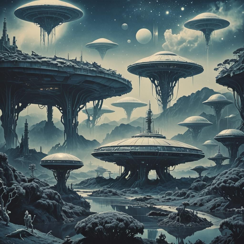 Futurepunk Spaceship Over Alien Cyanotype Landscapes