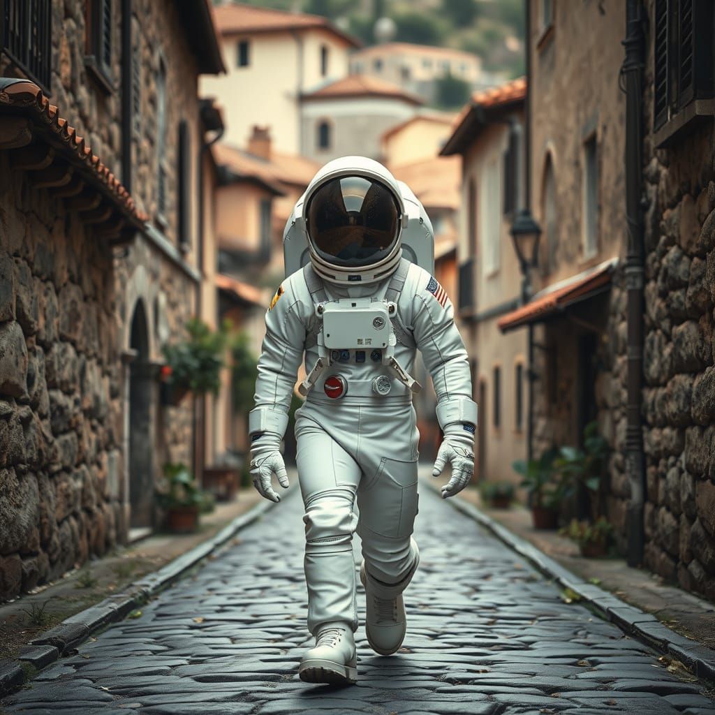 Astronaut Walks Through Ancient Tuscan Village
