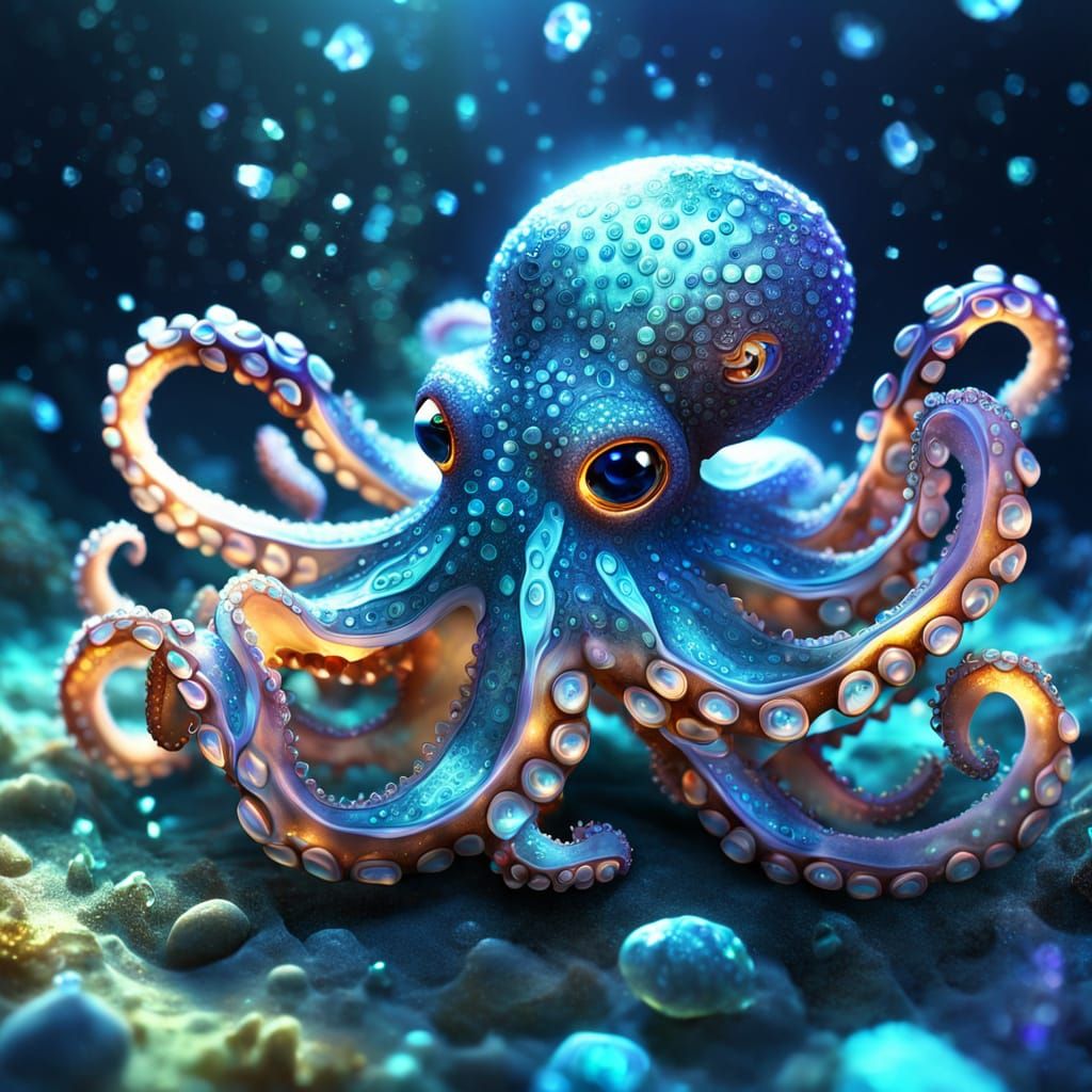 Diamond-Adorned Octopus in Bioluminescent Underwater Scene