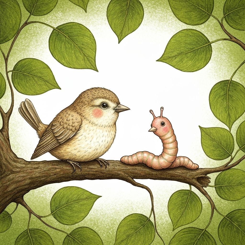 Whimsical Bird and Worm Friends on Tree Branch