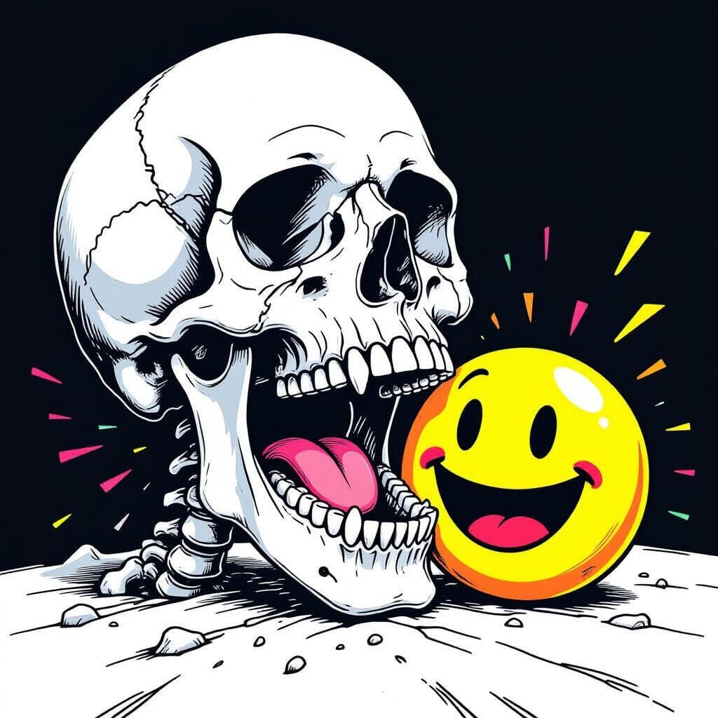 Skull Crushing Smiley Face Darkly Comedic Illustration