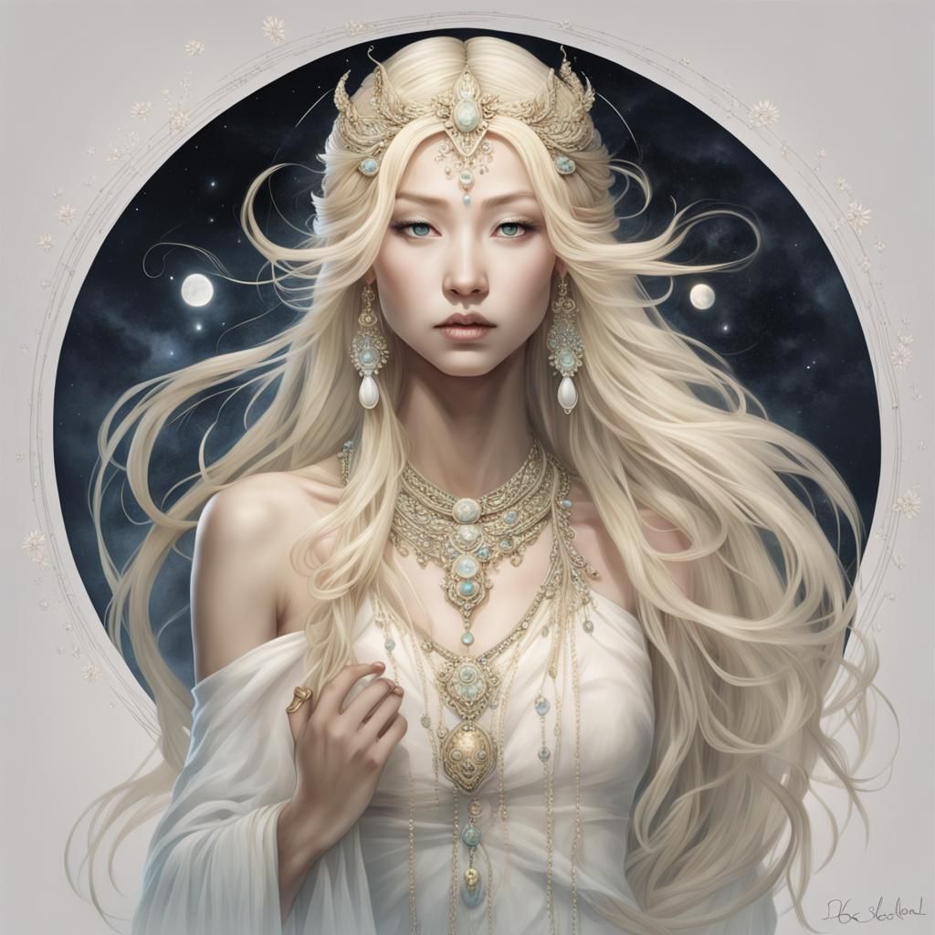 Ethereal Asian Moon Goddess with Flowing Hair