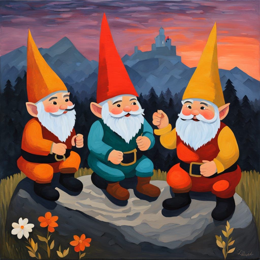 Three Gnomes Laughing by a Castle at Twilight