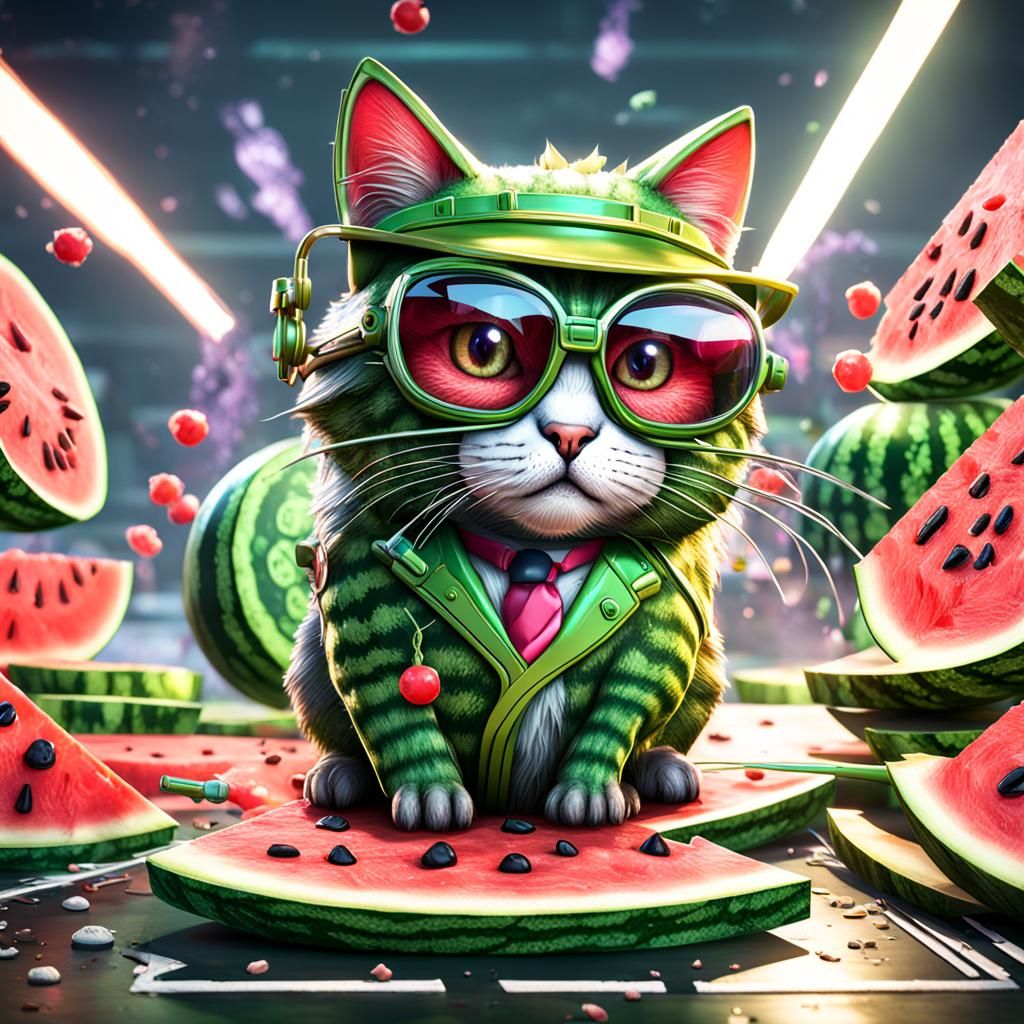 Watermelon Cat Scientist in 3D Game Style