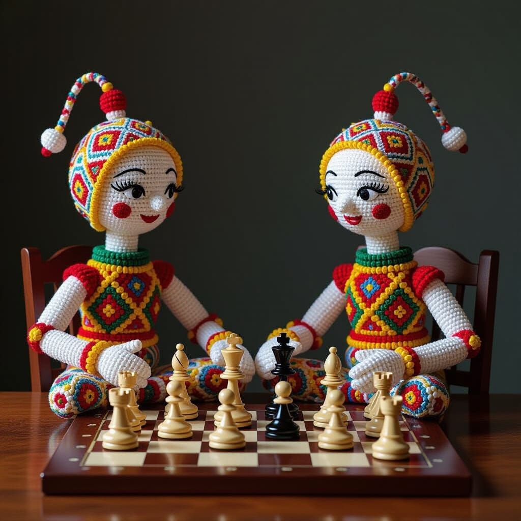 Two players, made of beads, play chess
