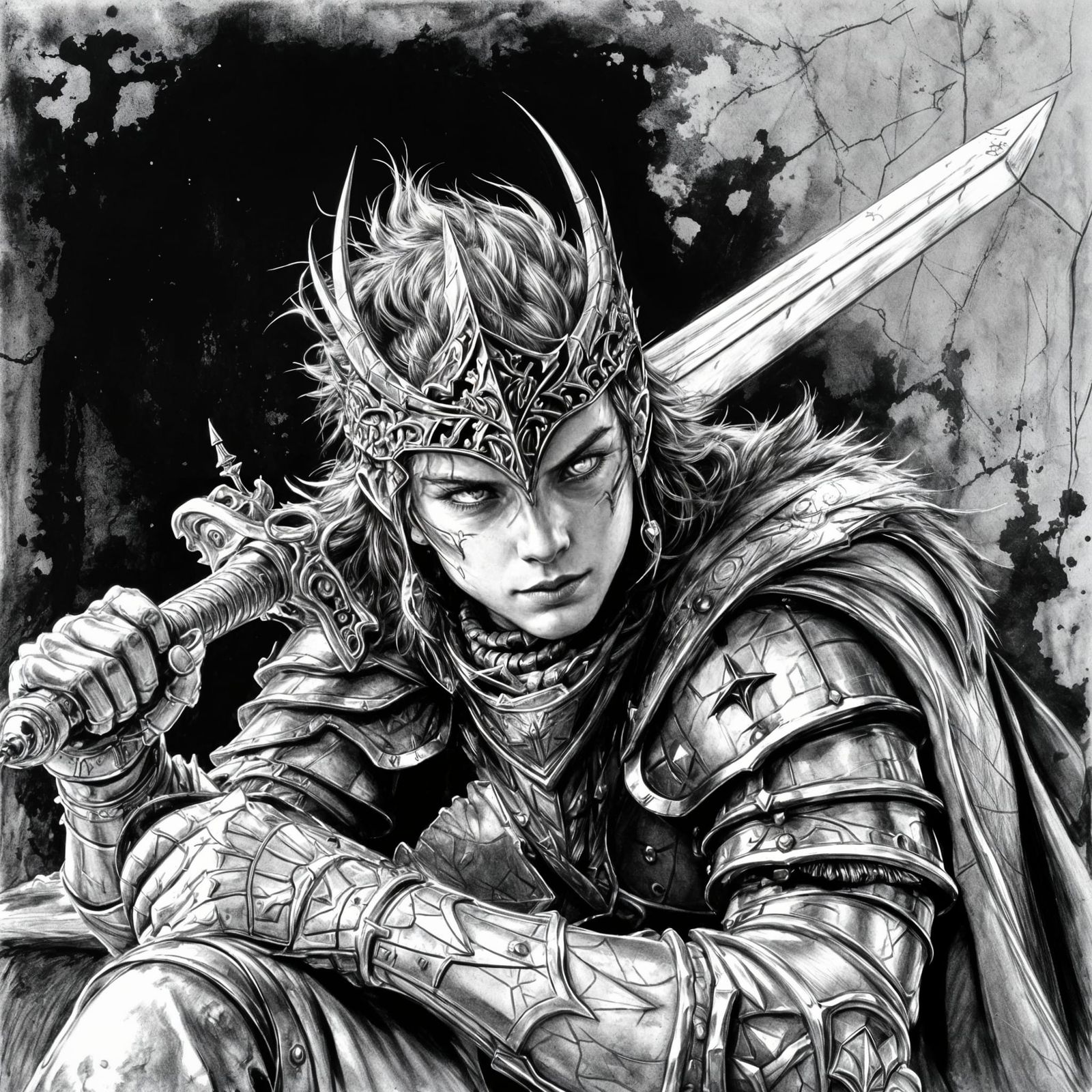 Juvenile Warrior Resting with Sword in Charcoal Sketch Style