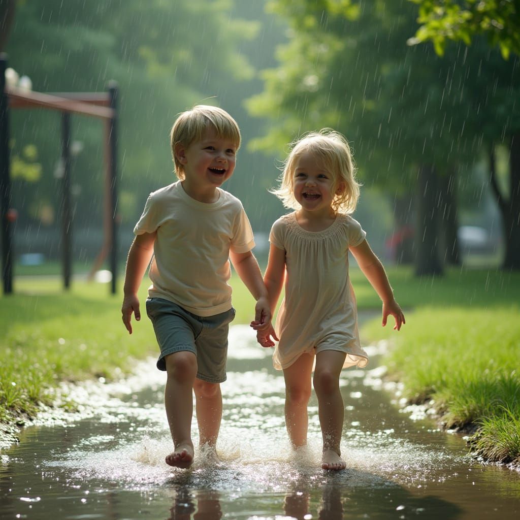 Children Playing in Summer Rain Puddle