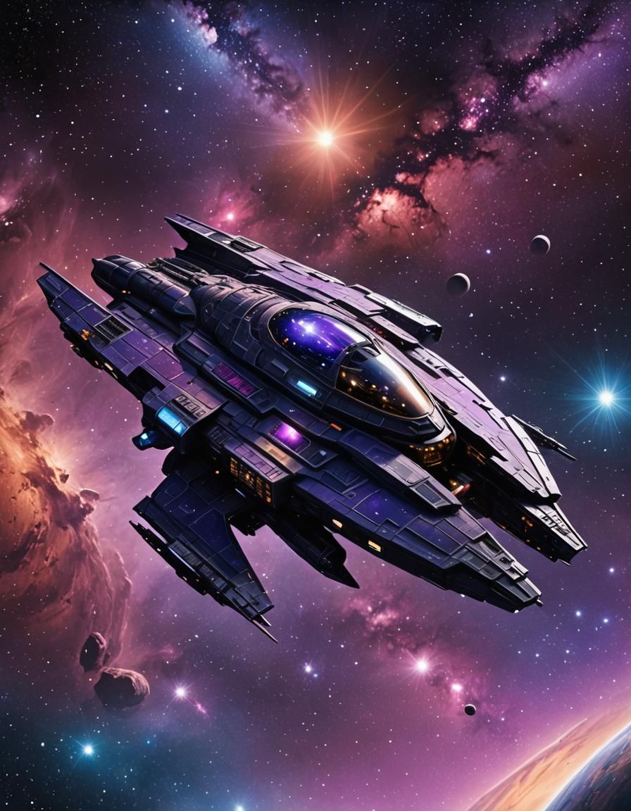 Majestic Space Cruiser Soars Near Galaxy in Sci-Fi Style