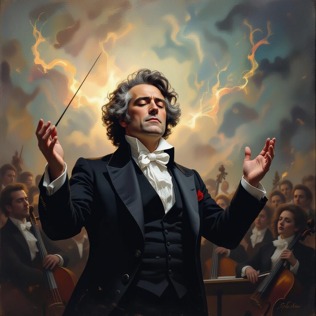 Beethoven Conducting a Storm of Music Notes